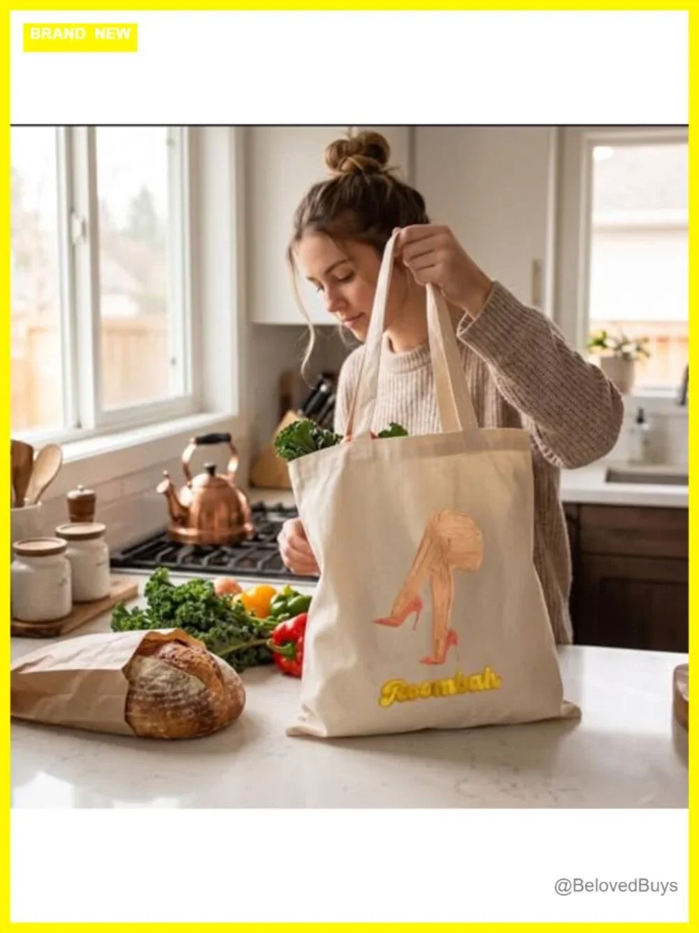 100% Cotton Canvas Tote - Reusable Shopping Grocery Bag with Embroidered Design